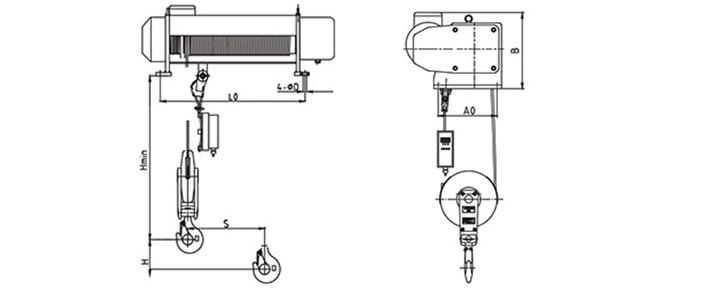 SHA型固定式鋼絲繩電動(dòng)葫蘆結(jié)構(gòu)尺寸圖
