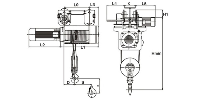 運行式鋼絲繩電動葫蘆結構尺寸圖片